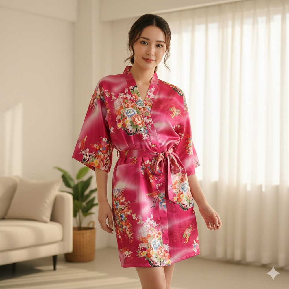 ICHIBAN PINK FLORAL PRINT LONG KIMONO WRAP ROBE 42 MADE IN JAPAN